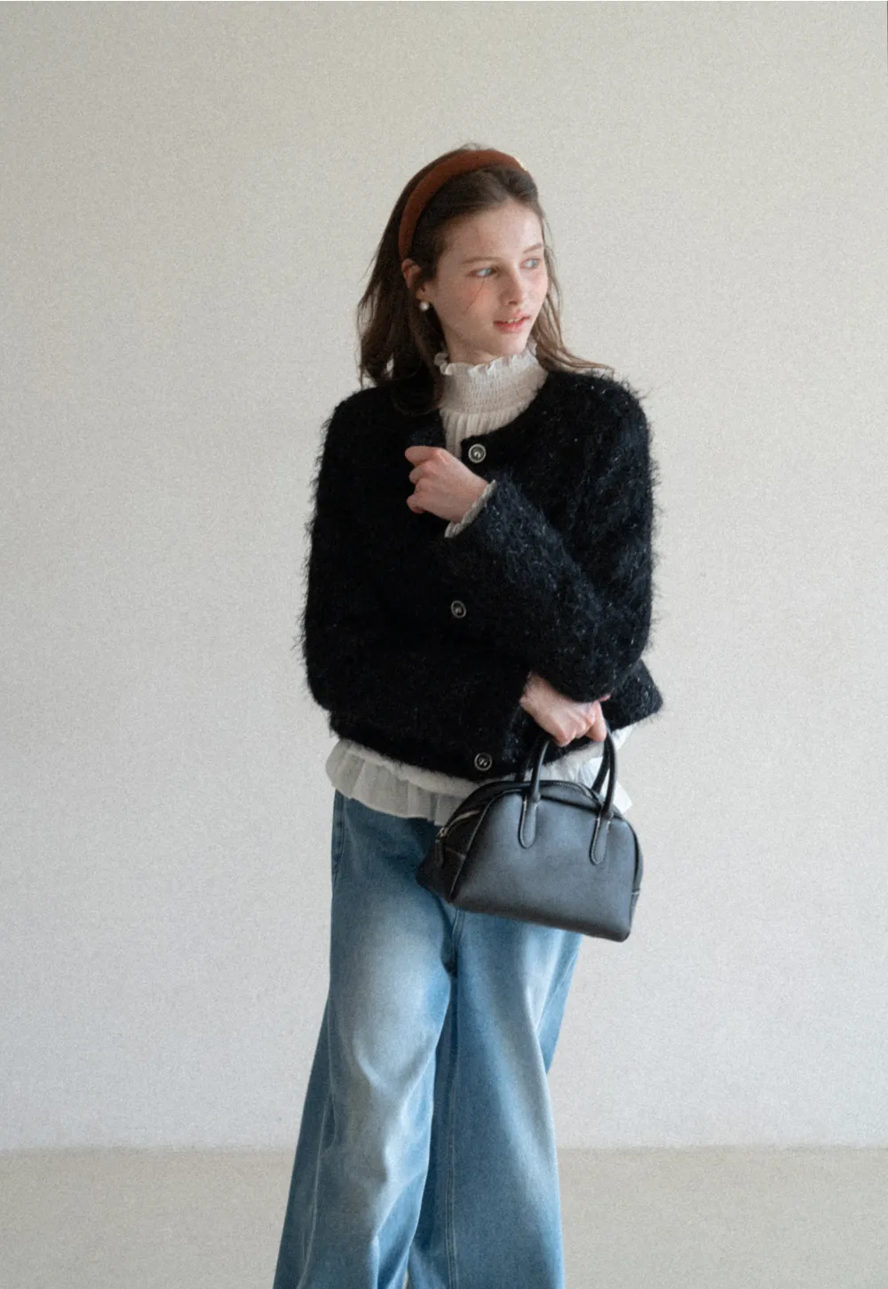 Fuzzy Knit Short Jacket with Button Detail