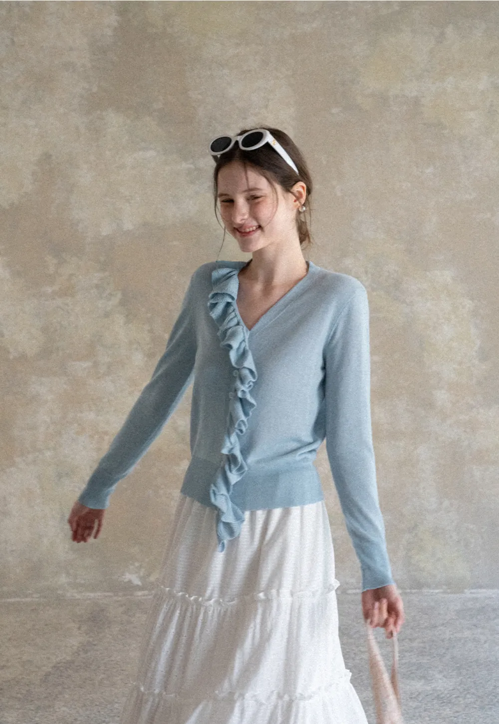 Lightweight Long Sleeve Knit Sweater with Ruffled Trim