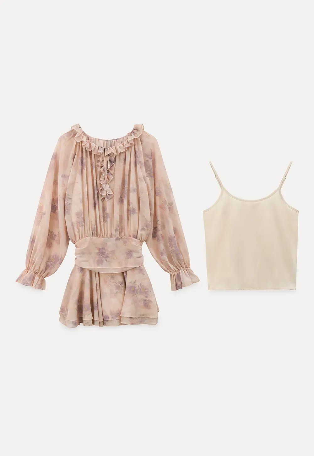 Floral Print Ruffled Neck Long Sleeve Dress