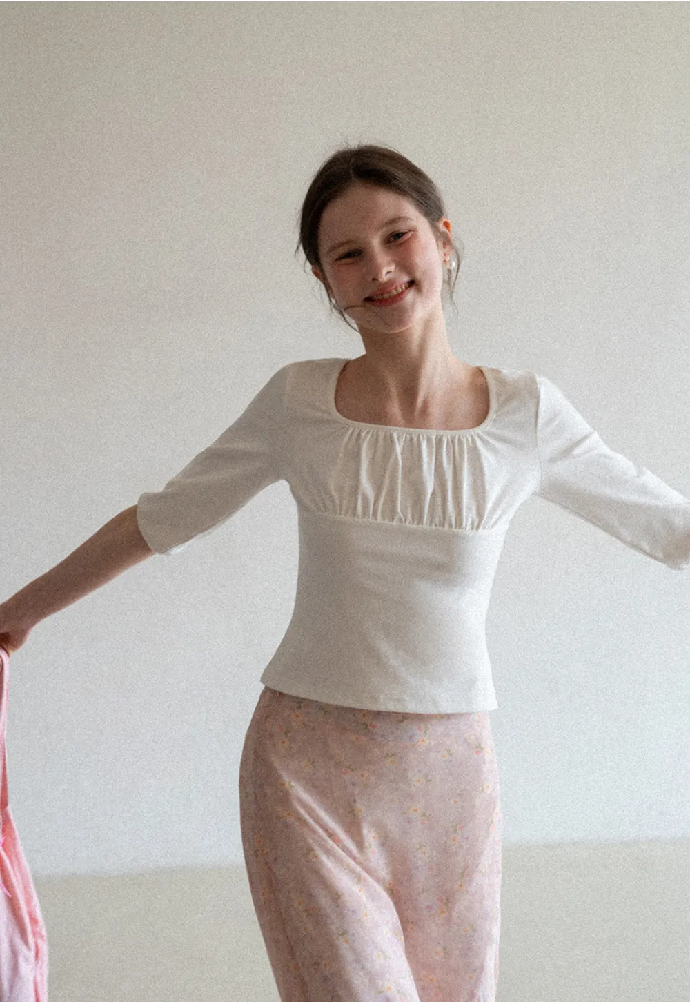 Square neck short sleeve top with gathered detail