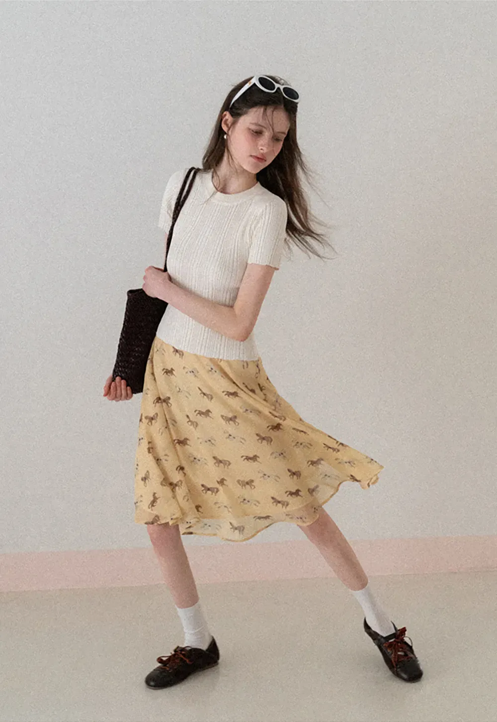 Ribbed Knit Short Sleeve Crew Neck Sweater