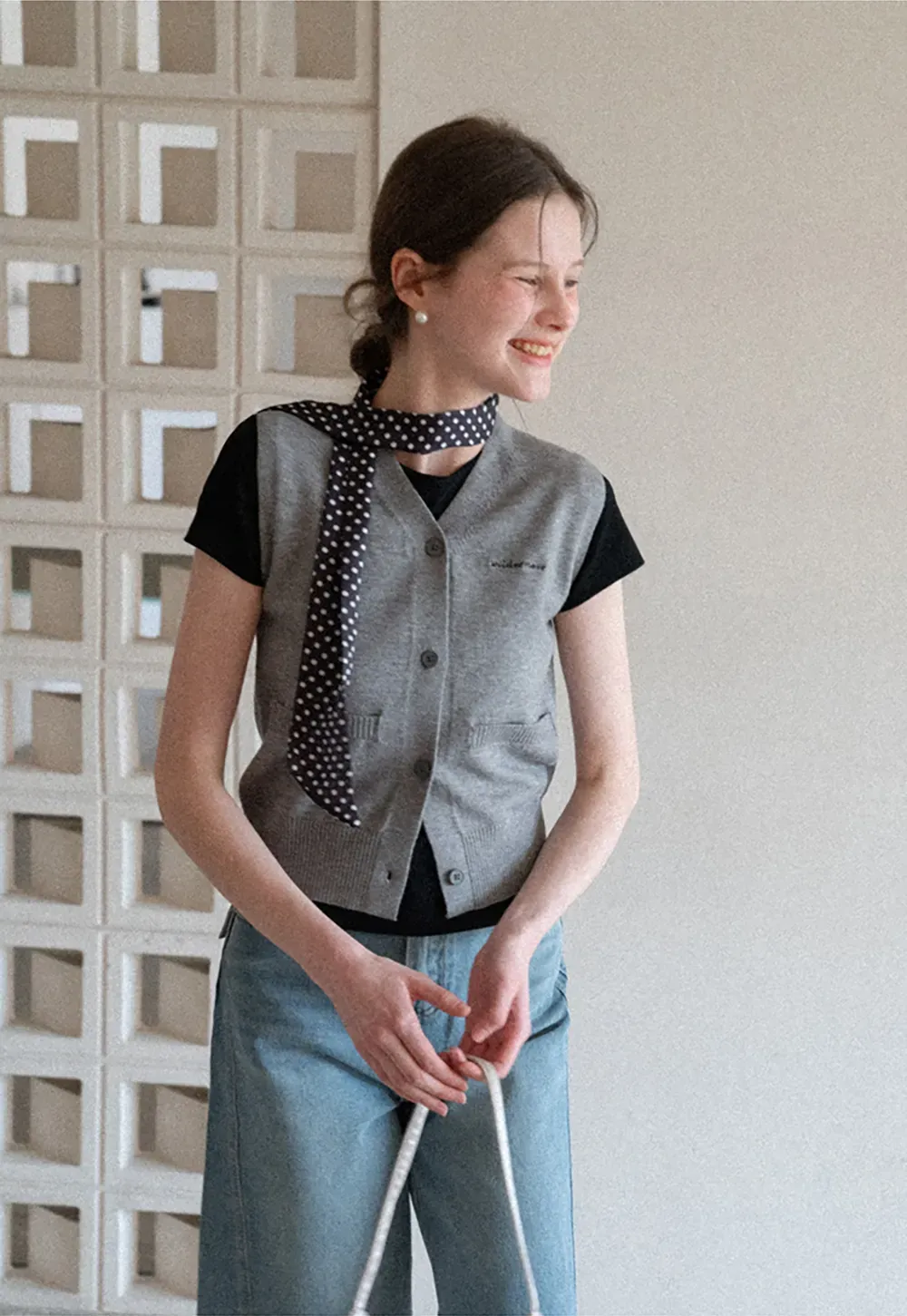 Knitted Vest with Button Closure and Embroidery