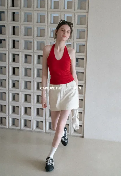 V neck halter tank top with fitted silhouette