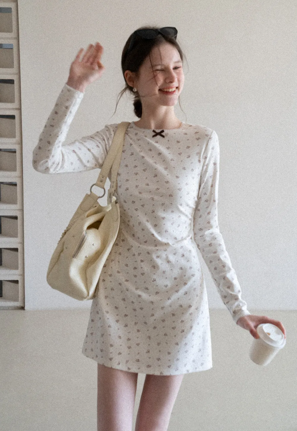 Long Sleeve Floral Print Dress with Cross Neck Detail