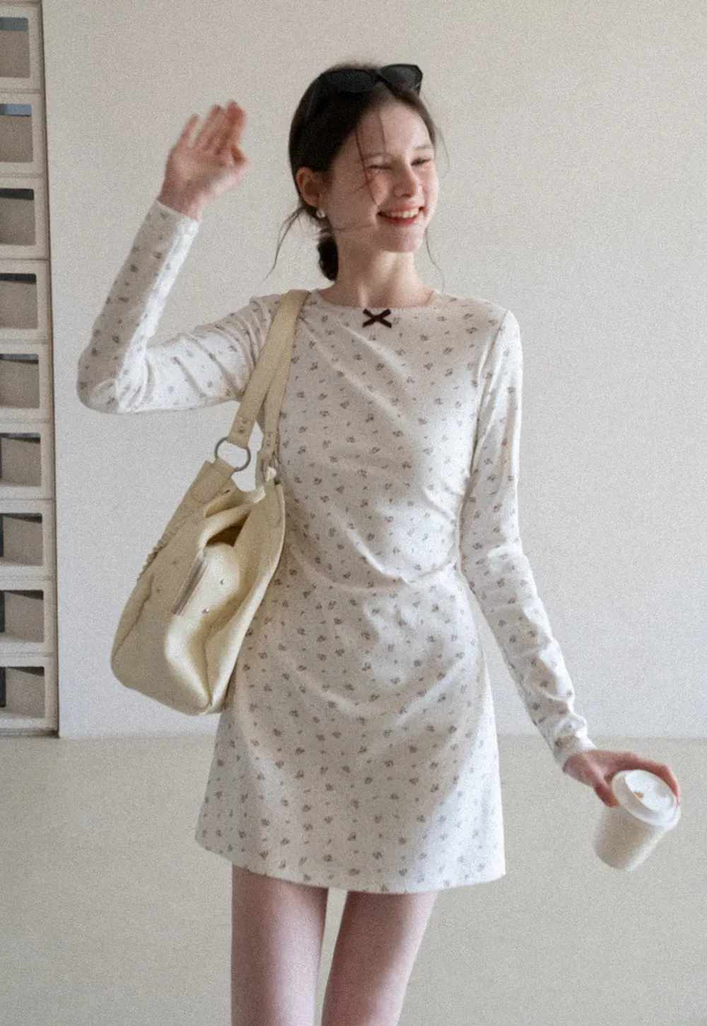 Long Sleeve Floral Print Dress with Cross Neck Detail