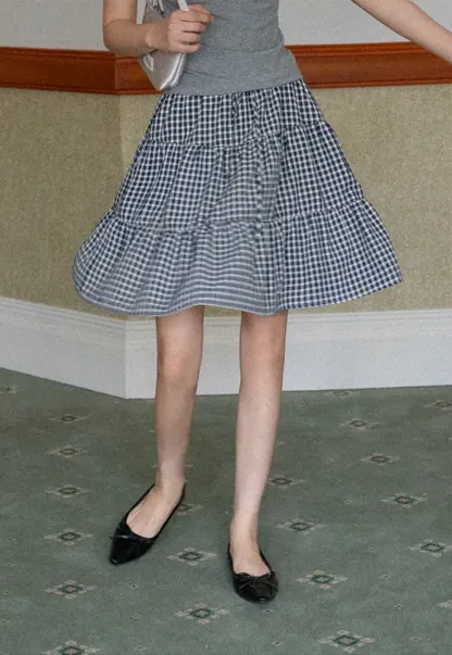 Gingham Pattern Tiered Skirt