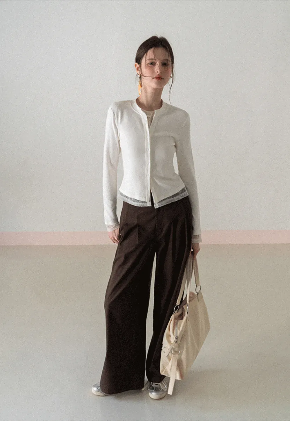 Long sleeve button front knit top with collar