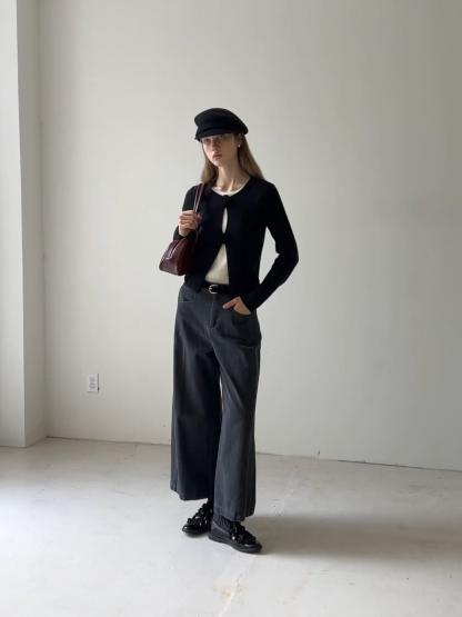 Women Knit Cardigan with Flower Button Vintage Style