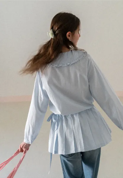 Pleated Hem Long Sleeve Blouse with Ruffled Collar