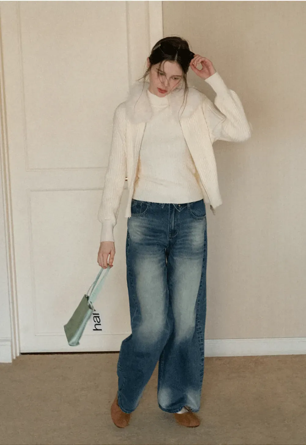 Ribbed knit sweater with fur collar detail