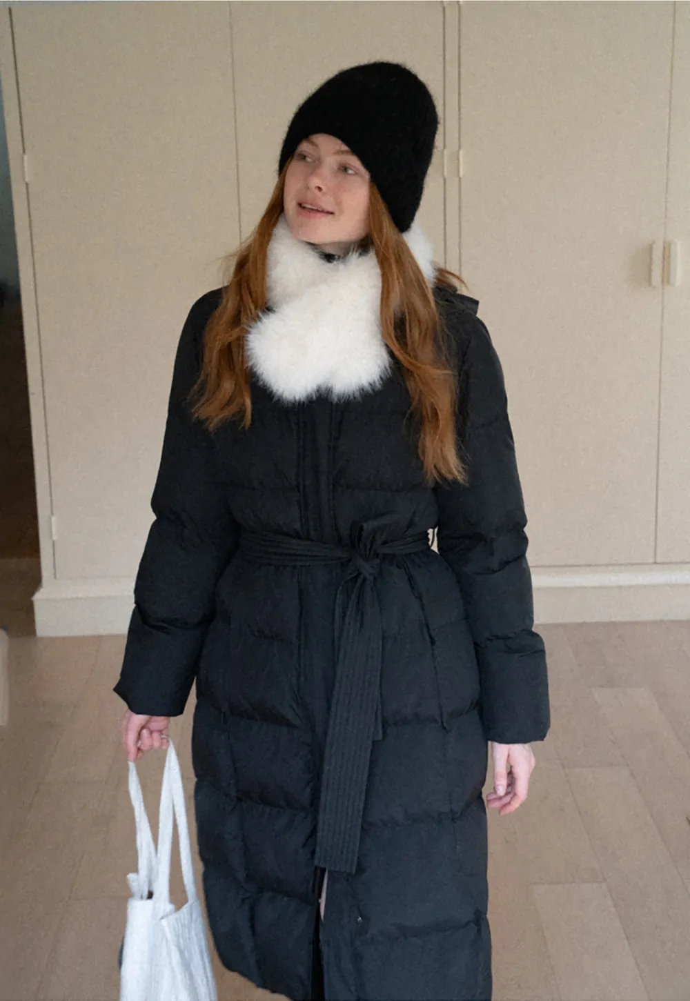 Long Puffer Coat with Fur Trim Hood Belted Design