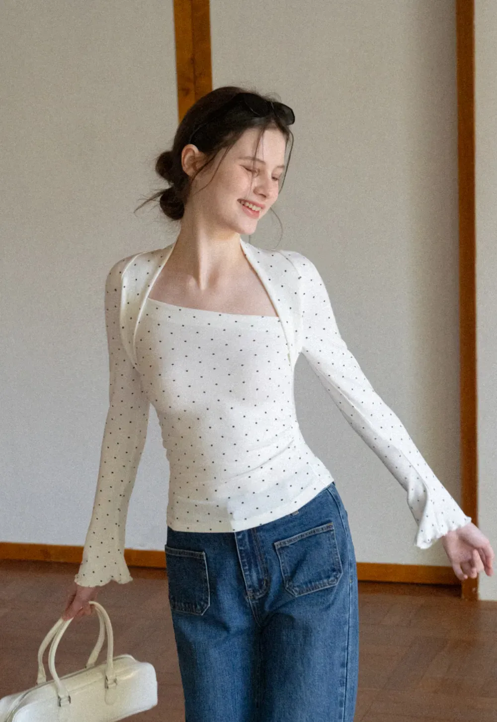 Polka dot long sleeve top with square neckline