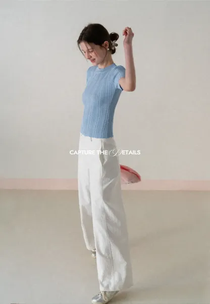 Ribbed Knit Short Sleeve Crew Neck Sweater