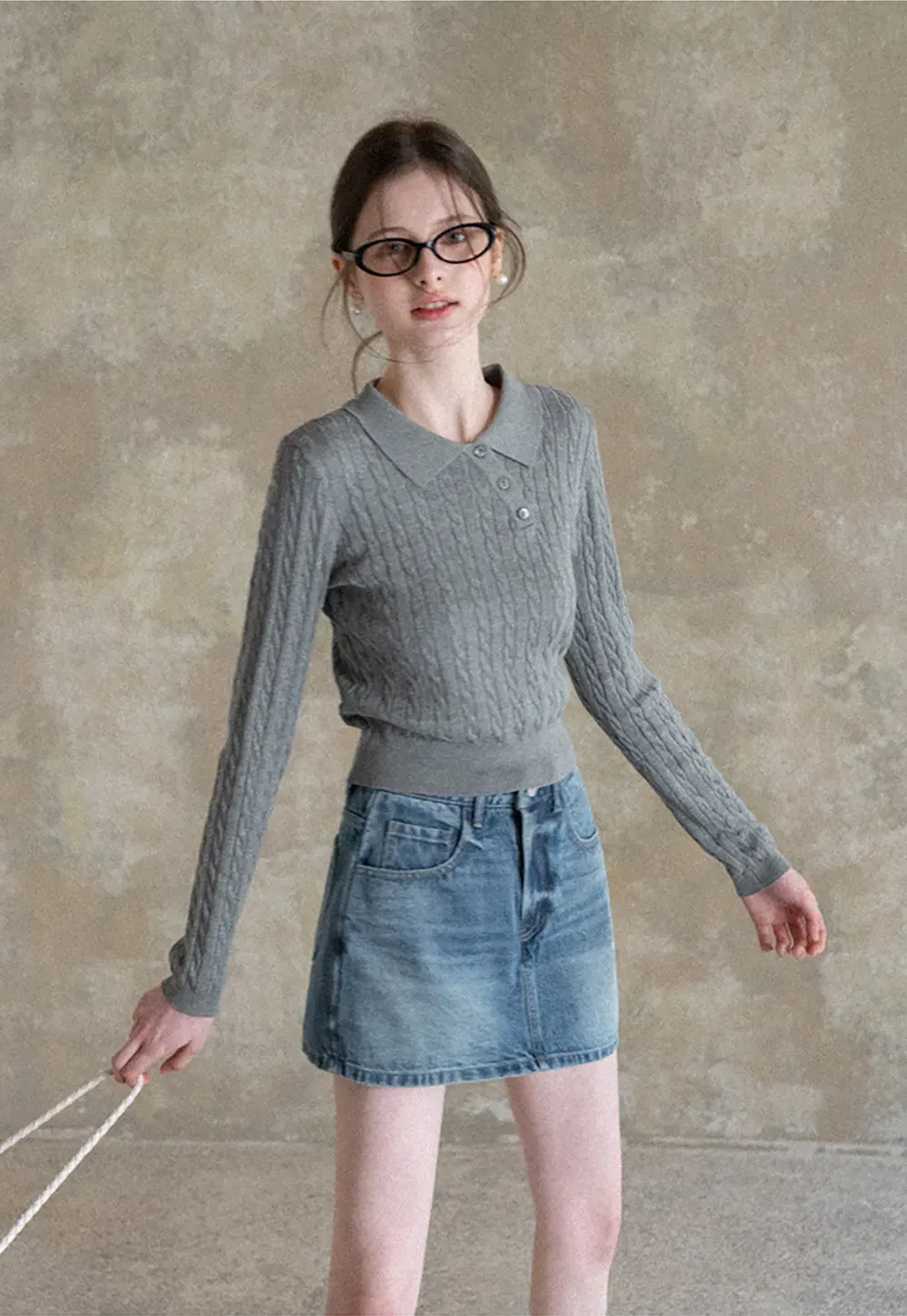 Cable Knit Long Sleeve Polo Neck Cropped Sweater