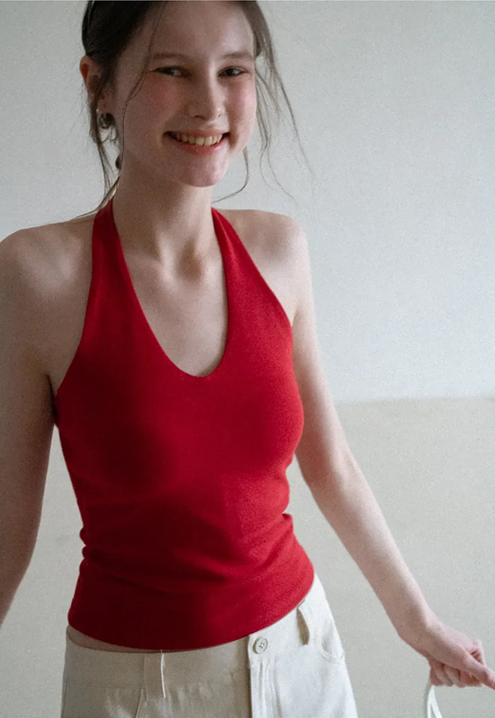 V neck halter tank top with fitted silhouette