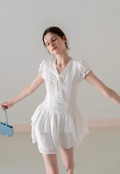 Eyelet Lace Dress with Puffed Sleeves and Tiered Skirt