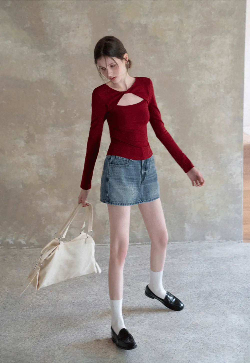 Denim Mini Skirt with Front Pocket and Frayed Hem