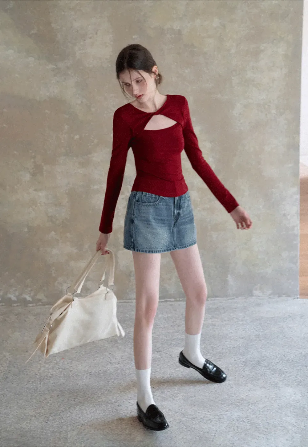 Denim Mini Skirt with Front Pocket and Frayed Hem