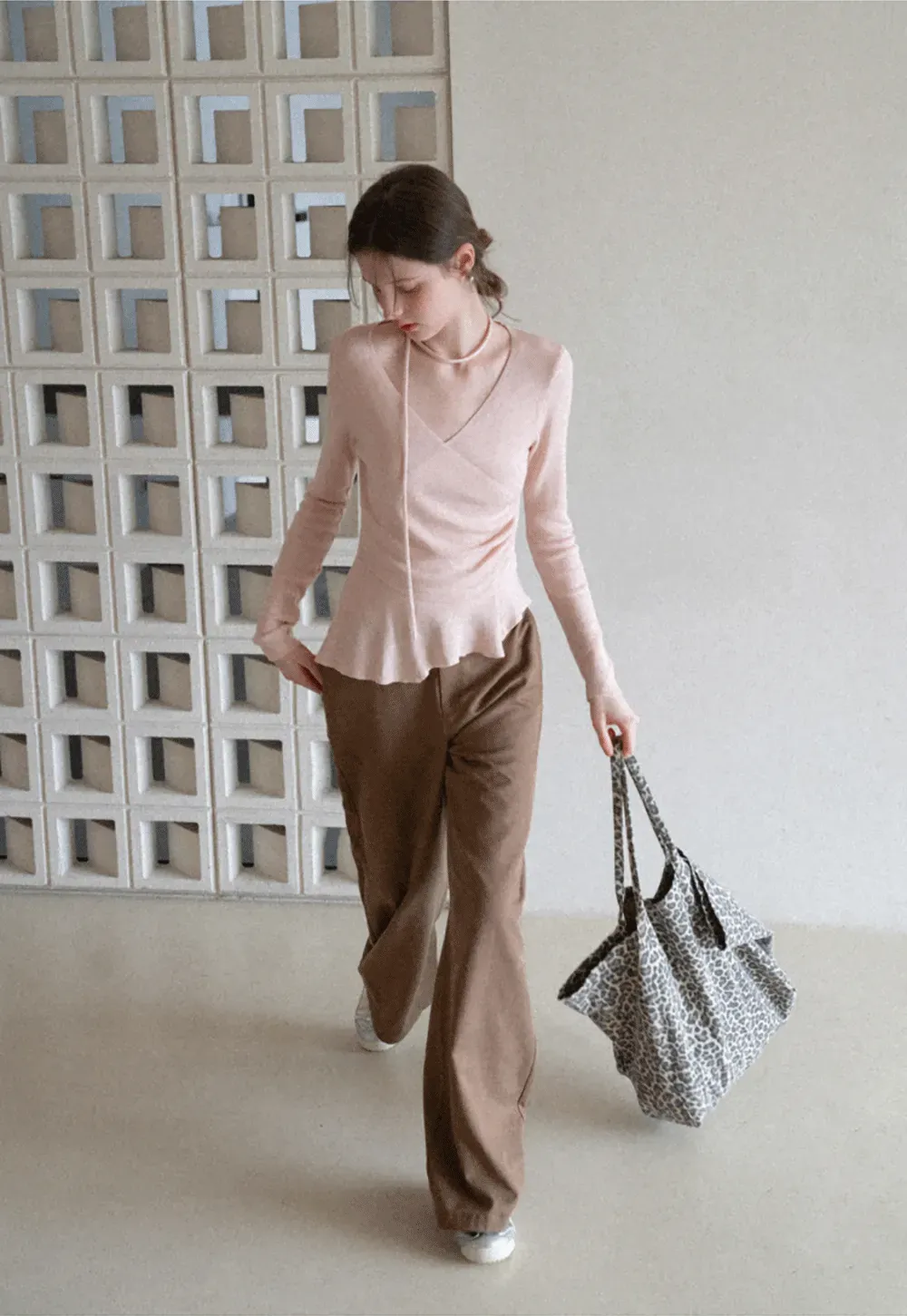 Long sleeve wrap knit sweater with ruched detail