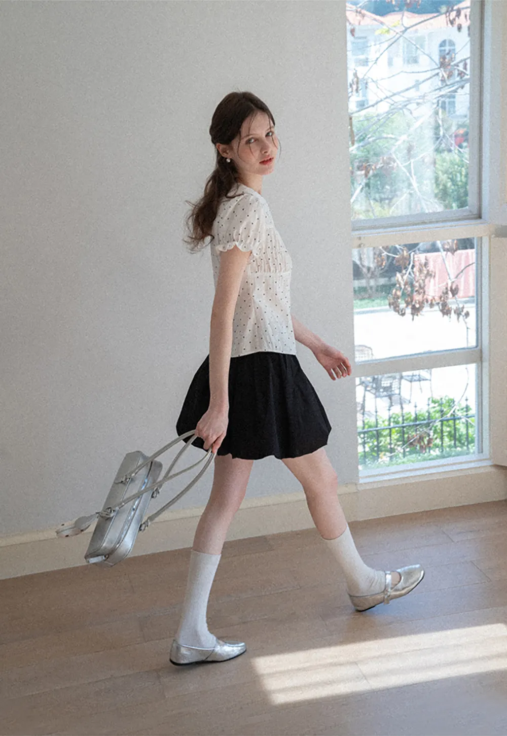 Polka dot shirt with ruffled sleeves and Peter Pan collar