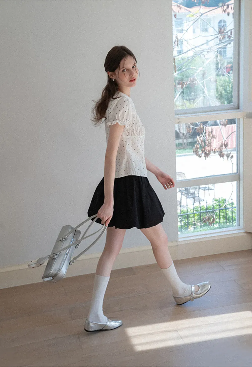 Polka dot shirt with ruffled sleeves and Peter Pan collar