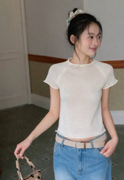 Short Sleeve Ribbed Knit Top with Raglan Sleeves