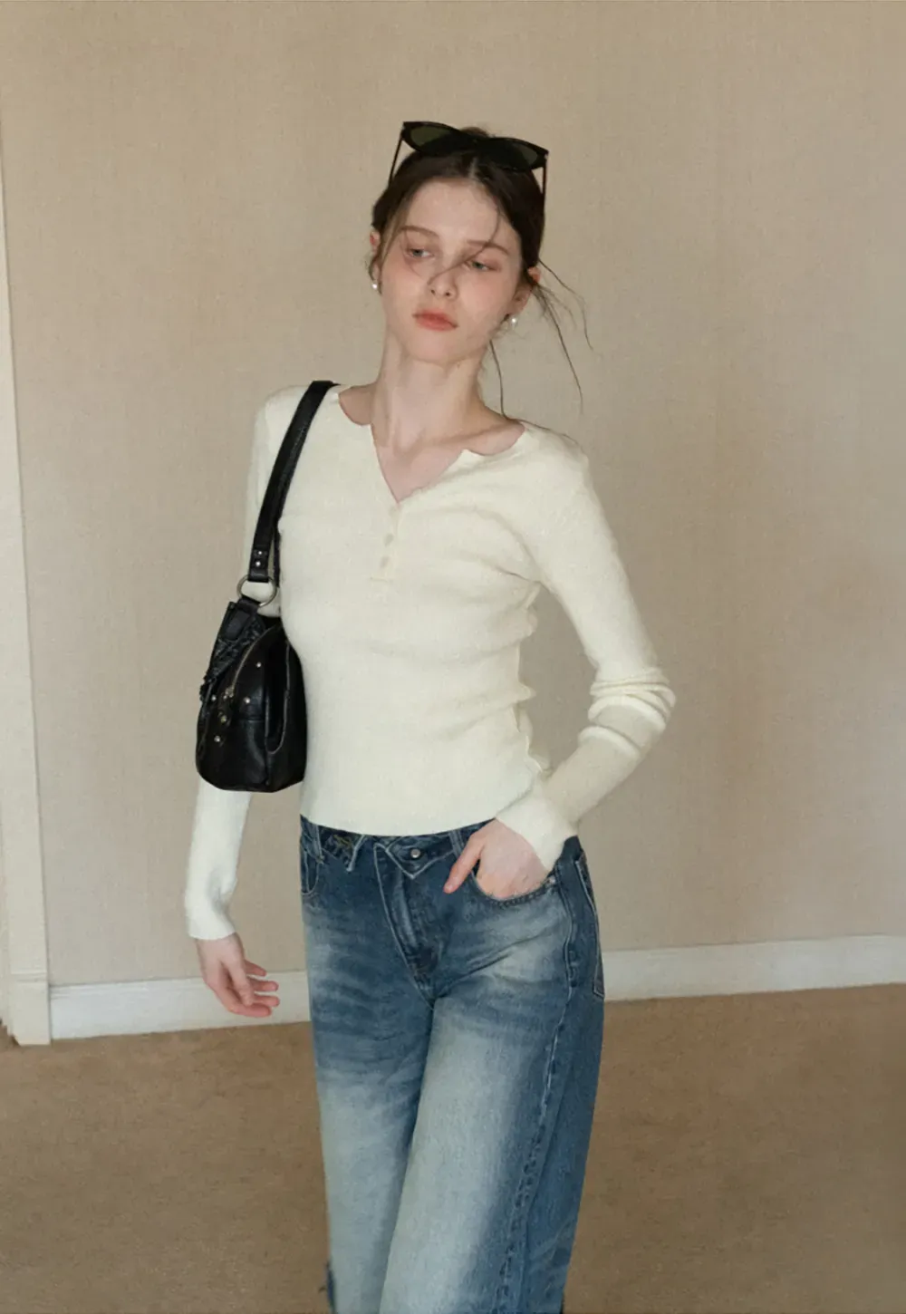 Elegant Henley Knit Top with Button Detail