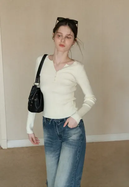 Elegant Henley Knit Top with Button Detail