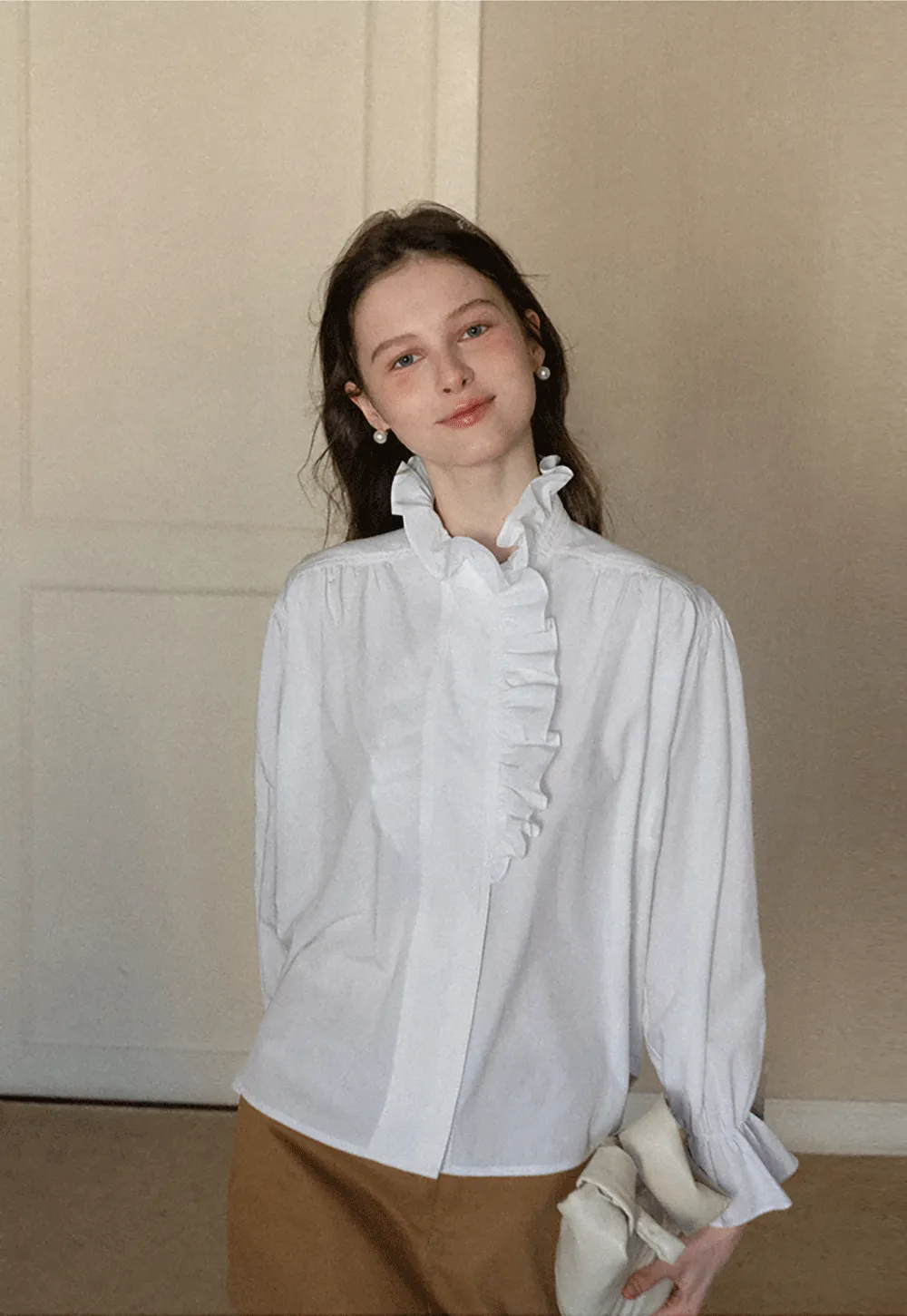 Elegant Ruffled Collar Blouse with Flared Cuffs