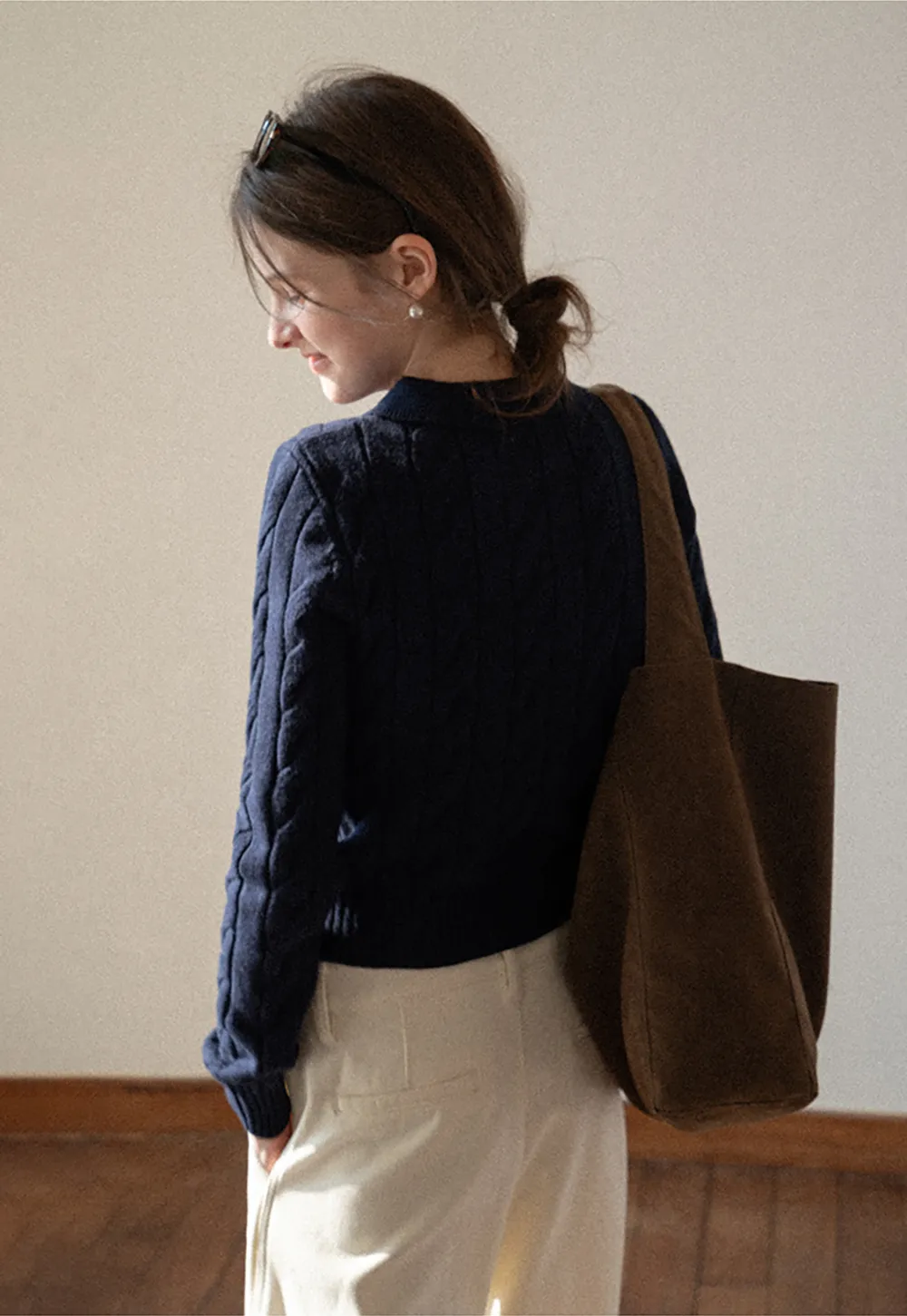 Cable Knit Crop Sweater with Collar