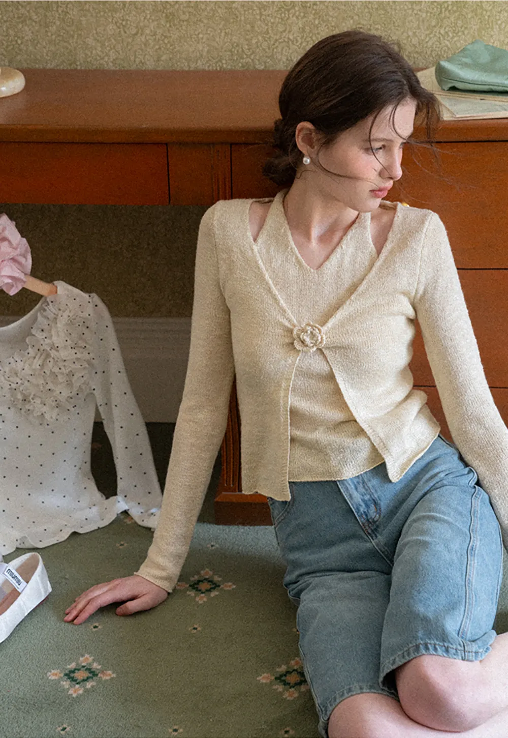 V Neck Knit Sweater with Floral Button Detail