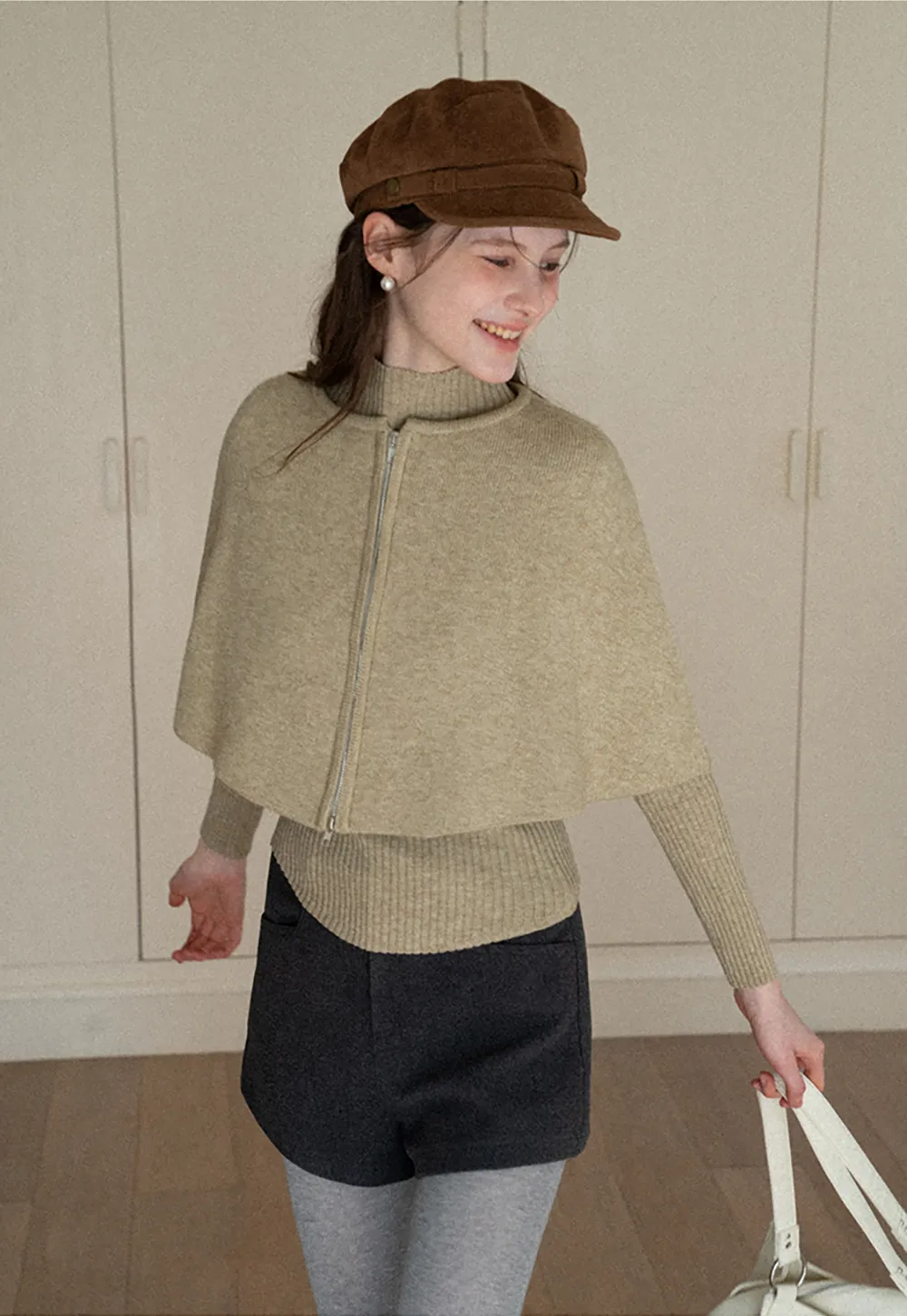 Zipper Front Knit Sweater with Wide Sleeves