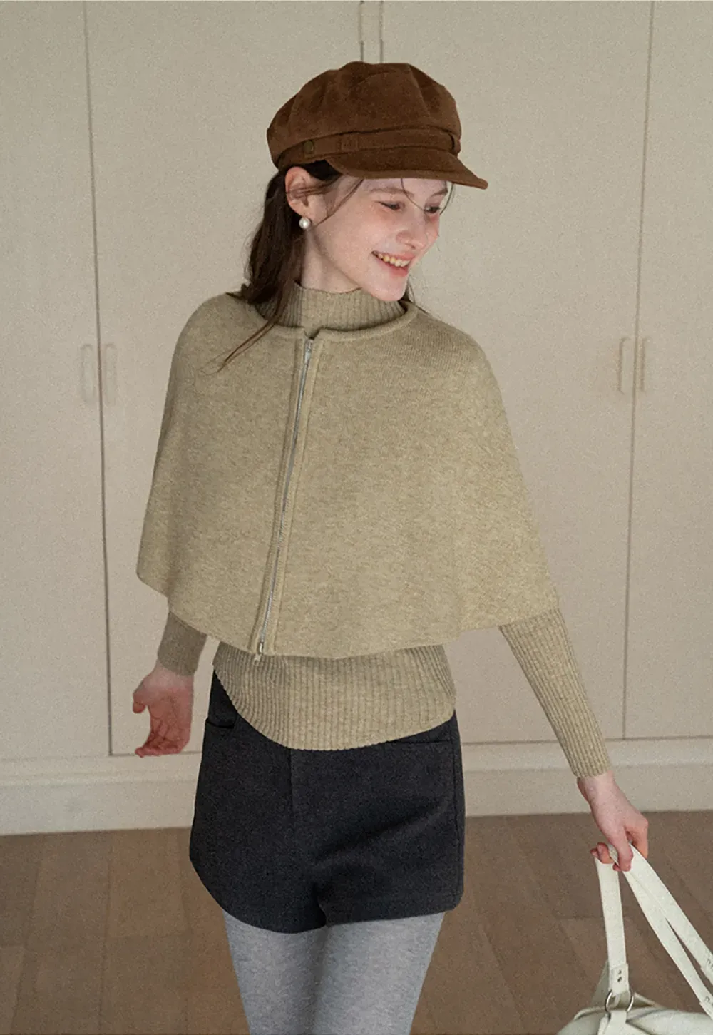 Zipper Front Knit Sweater with Wide Sleeves