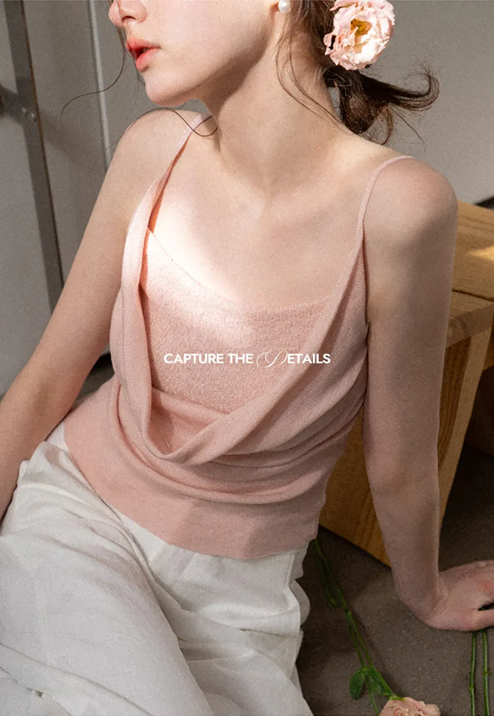 Silk-like tank top with thin straps and draped neckline