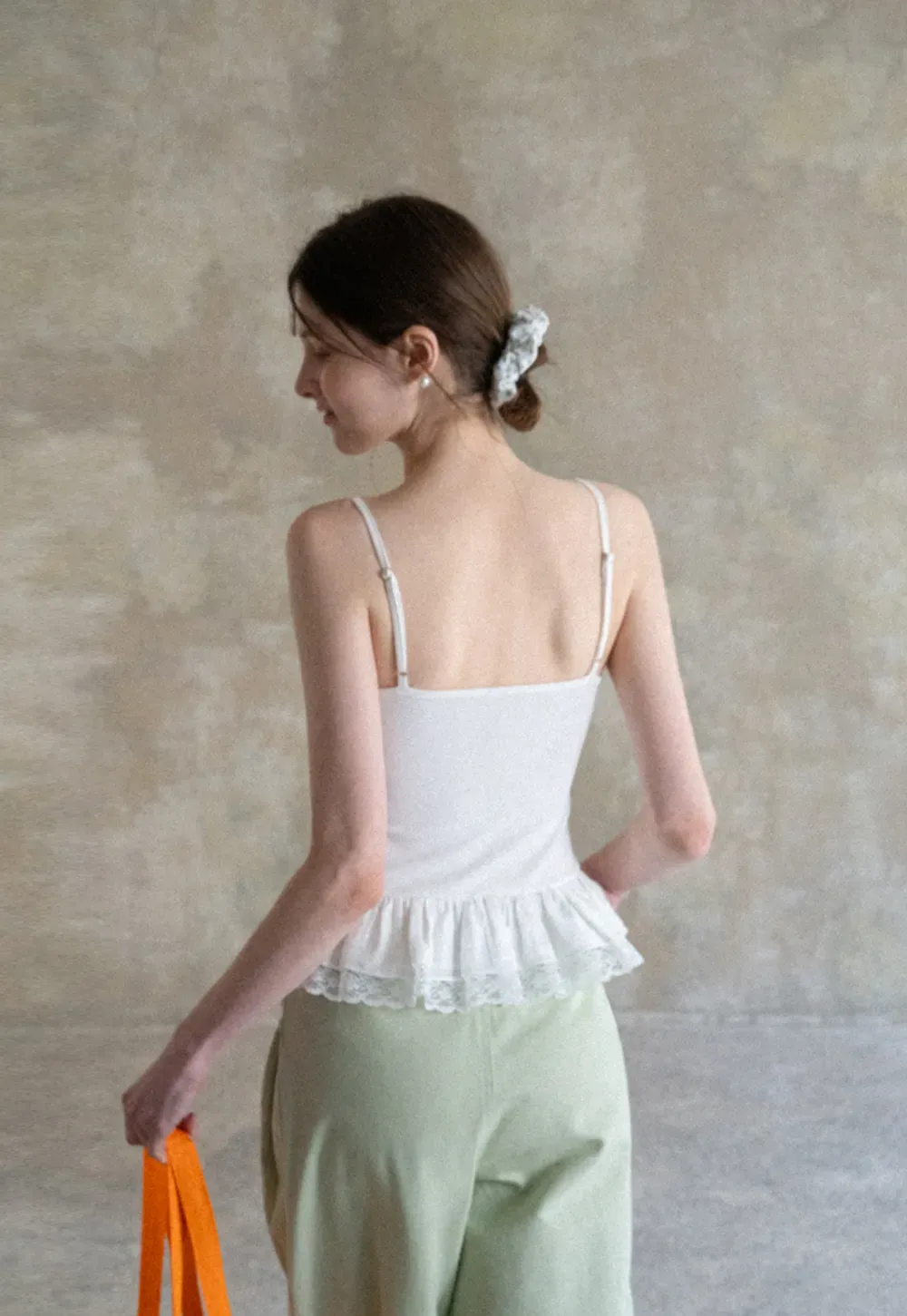 Lace Trimmed Peplum Tank Top with Thin Straps