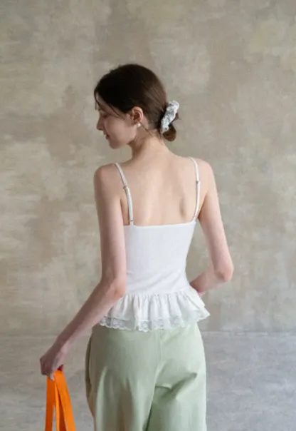 Lace Trimmed Peplum Tank Top with Thin Straps