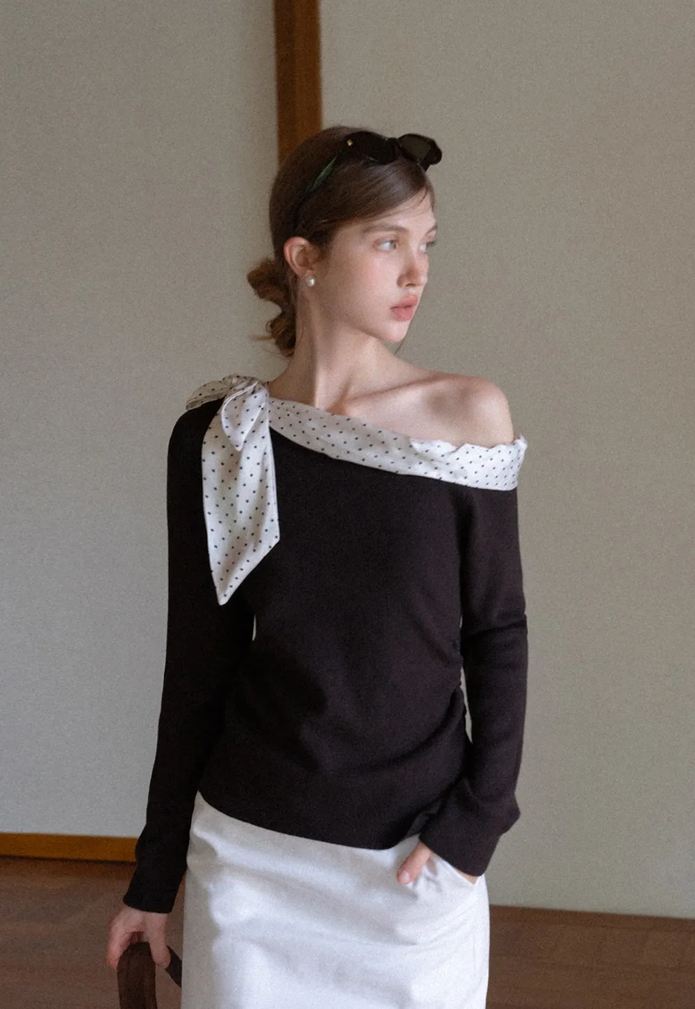 Womens Polka Dot Scarf Neck Long Sleeve Top