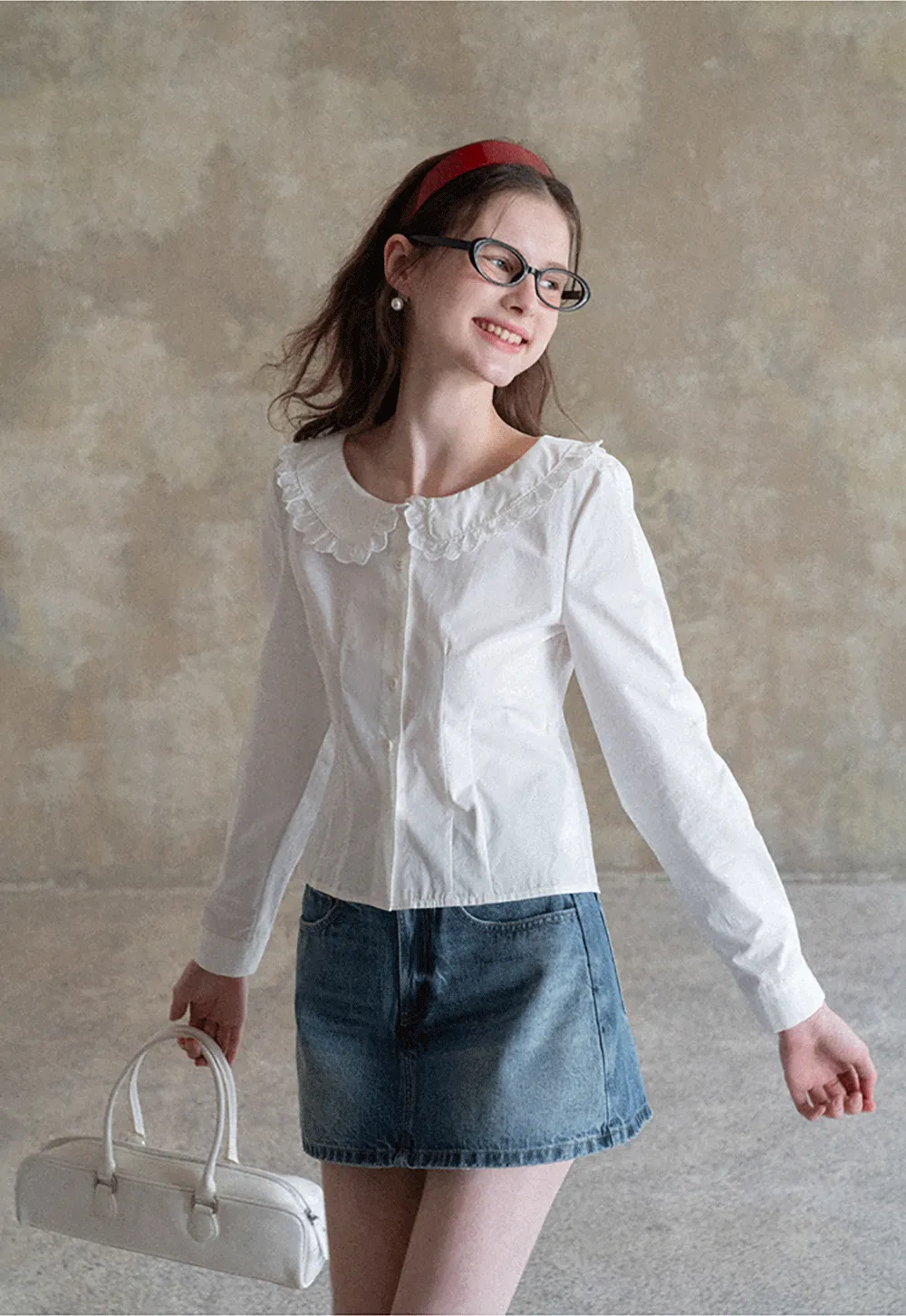 Long sleeve button front shirt with lace collar