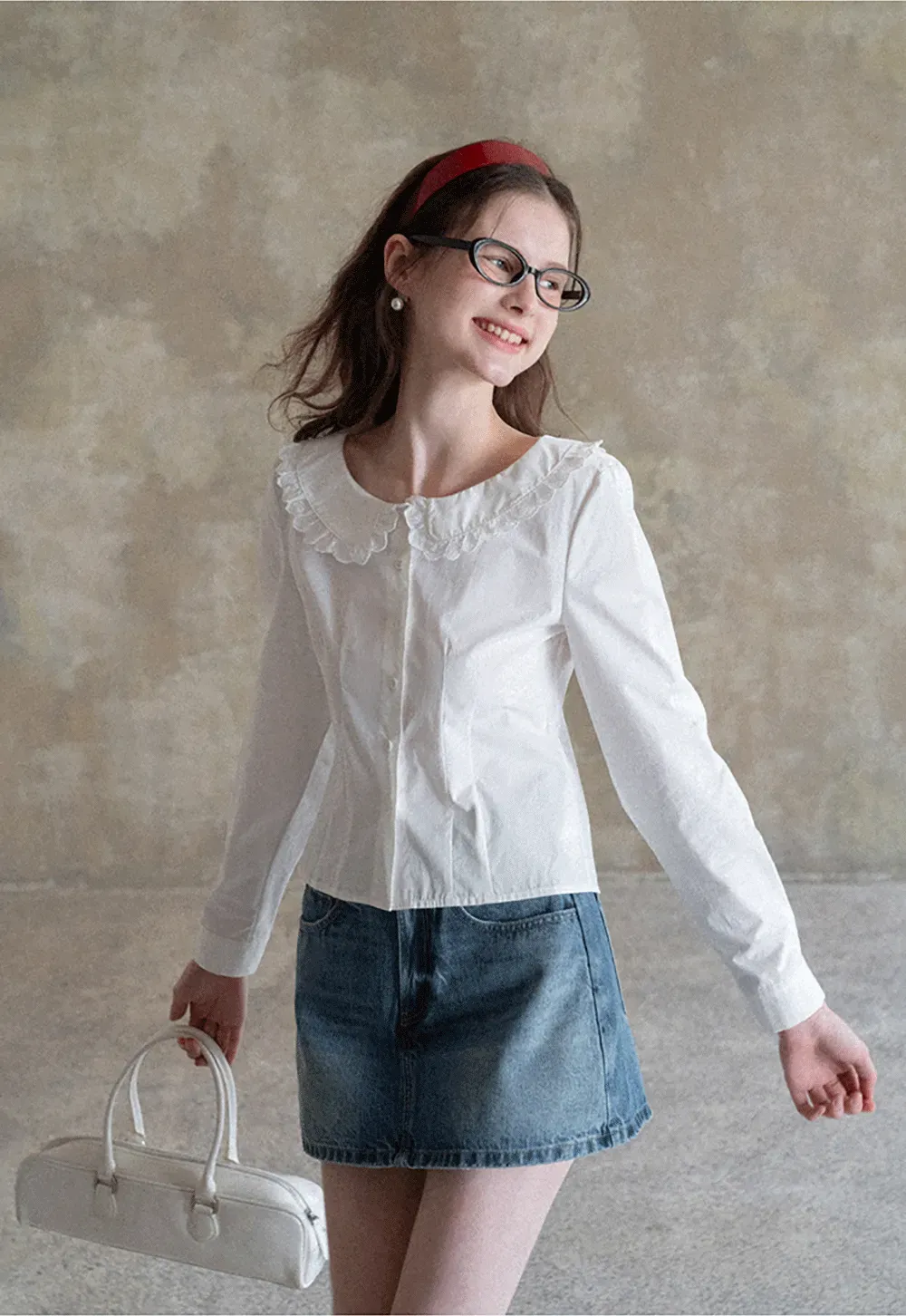 Long sleeve button front shirt with lace collar