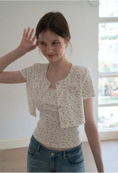 Short sleeve floral print top and tank top set