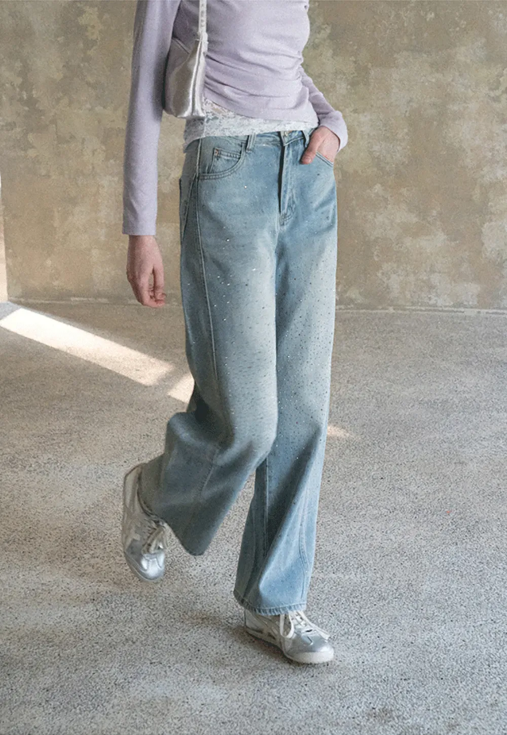 Wide leg jeans with subtle dot embellishments