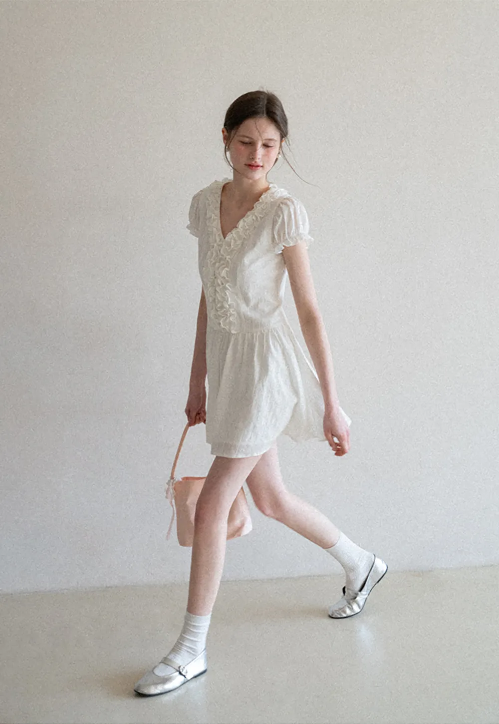 Ruffled V Neck Short Sleeve A Line Dress