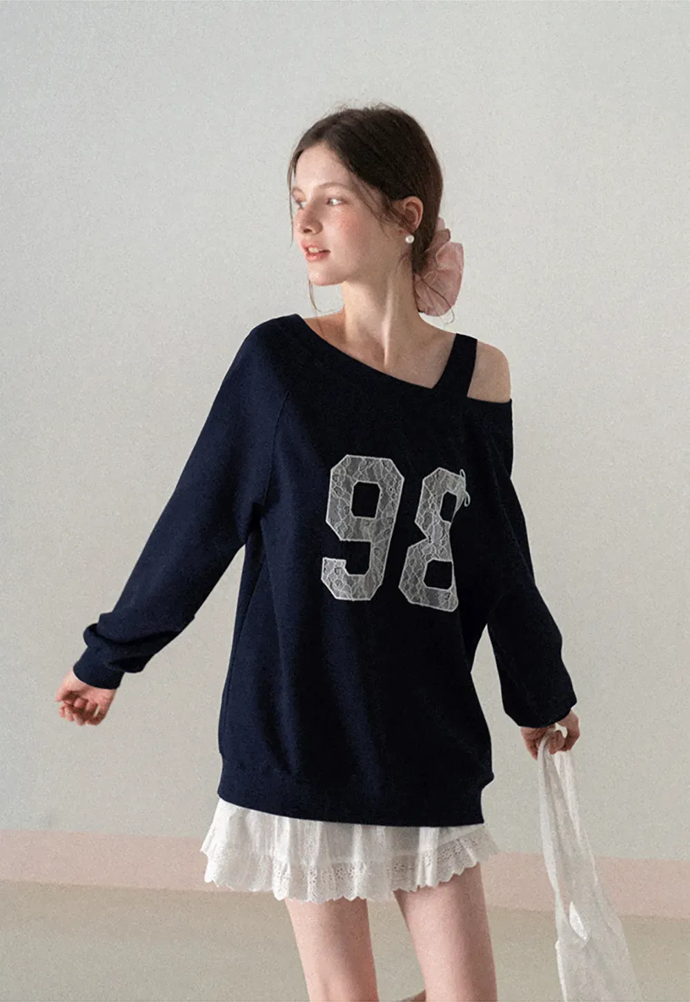 Off Shoulder Sweatshirt with Lace Number Print