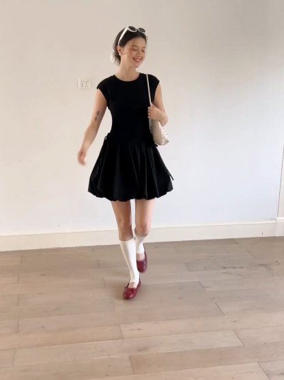 Drawstring Waist Puff Sleeve Mini Dress