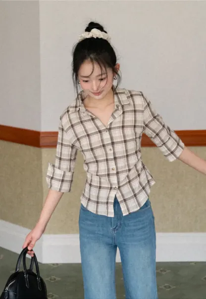 Plaid Shirt with Rolled Sleeves and Button Front