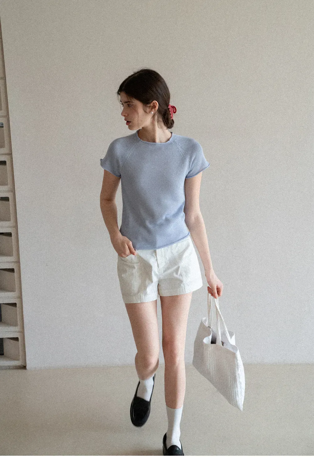 Short Sleeve Ribbed Knit Top with Raglan Sleeves