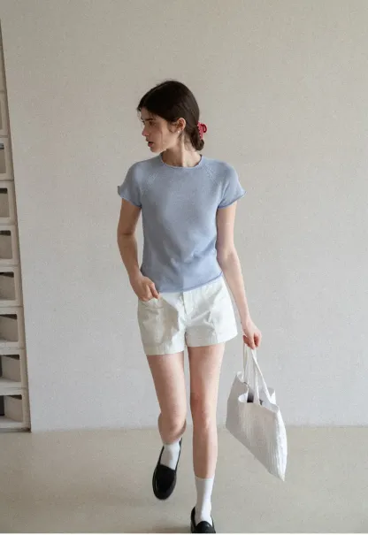 Short Sleeve Ribbed Knit Top with Raglan Sleeves