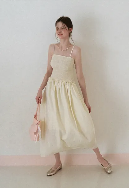 Strapless Smocked Bodice A Line Midi Dress