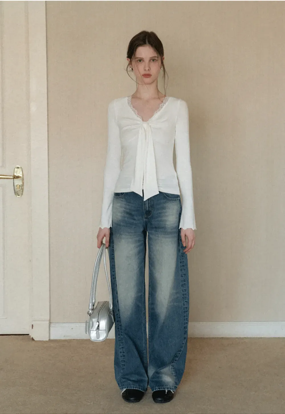 Elegant V Neck Long Sleeve Top with Bow Detail