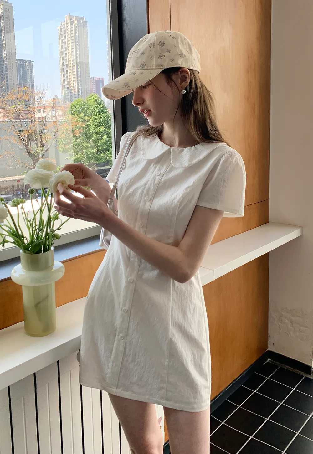 Button Front Dress with Peter Pan Collar and Short Sleeves